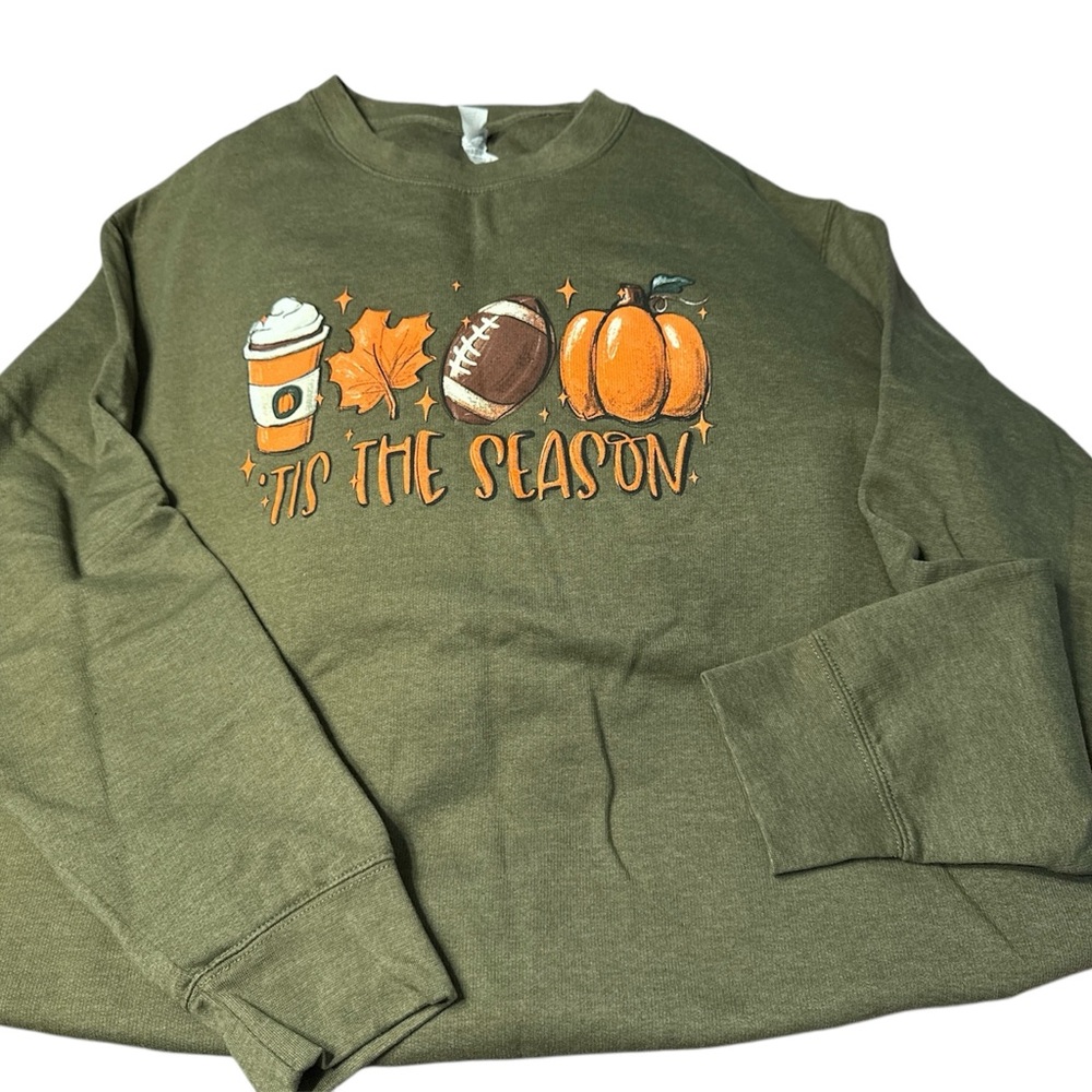 Festive Green Sweatshirt with Fall Graphics